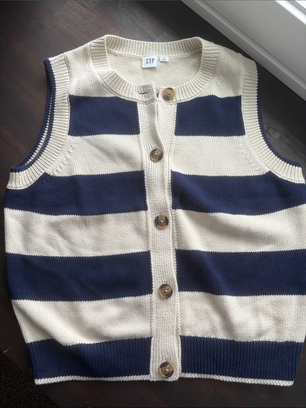GAP Cream & Navy Striped Button-Front knit Sweater Vest